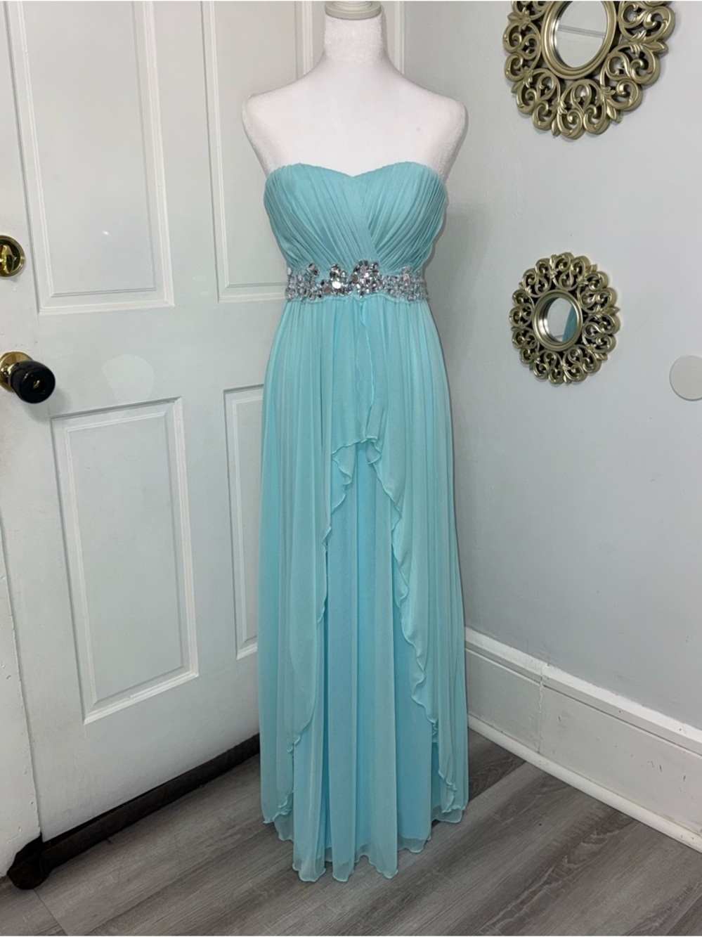 Speechless Strapless Aqua Chiffon Evening Gown with Beaded Waist